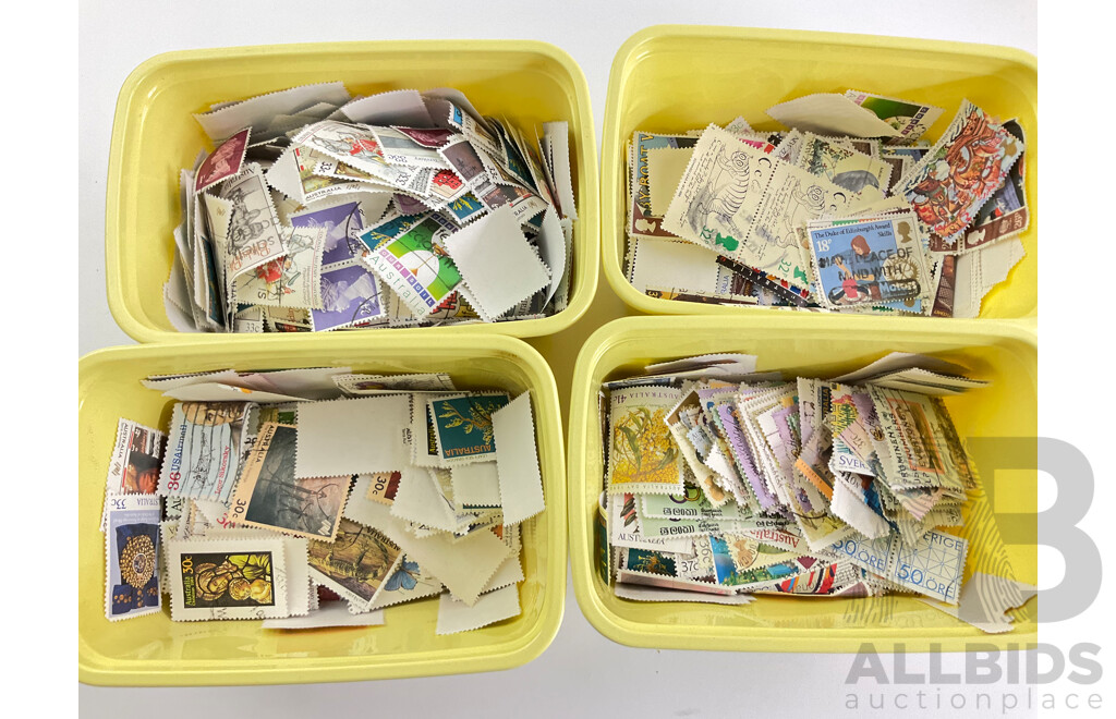 Ten Containers of Mostly Australian Cancelled Stamps with Two Sealed Packs of Vintage Hinges