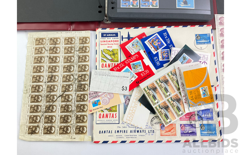 Mixed Collection of Stamps and First Day Covers Including Australian Mint, Booklets, Cancelled, Pre Decimal, USA, and India Sheets, Singapore First Day Covers