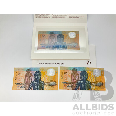 Three Australian 1988 Commemorative Ten Dollar Notes, AA(2) and AB Prefix
