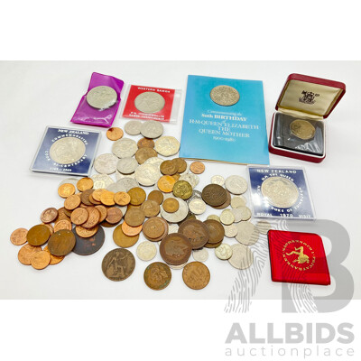 Collection of UK Commemorative Coins and International Currency Including Sweden, New Zealand, Western Samoa and More