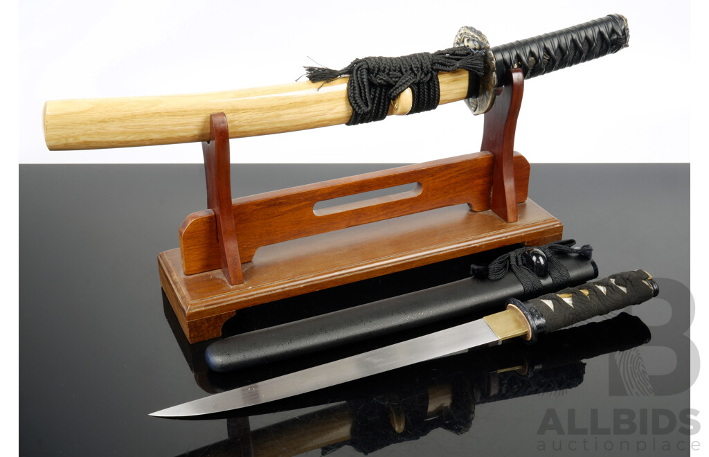 Stainless Steel Japanese Style Tanto with Wooden Sheath on Wooden Presentation Stand Along with Another Stainless Steel Contemporary Tanto