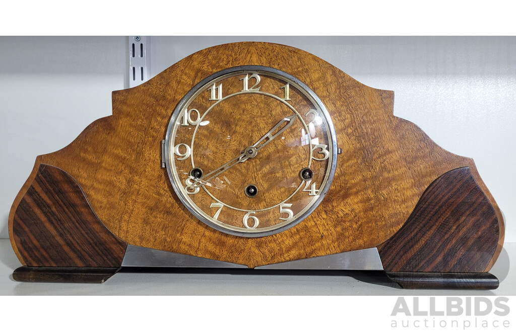 Oak and Walnut Veneered Art Deco Mantle Clock