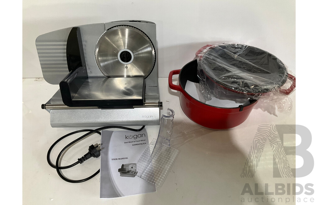 KOGAN Electric Meat Slicer and OVELA Multi Purpose Cast Iron Casserole - Lot of 2 - Estimated ORP $199.99