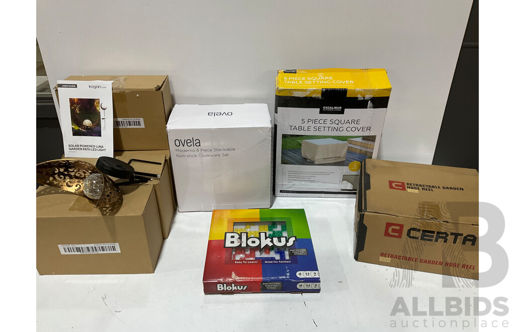 ASSORTED HOMEWARES and OUTDOOR ITEMS Including Certa Retractable Garden Hose Reel and Ovela 8 Piece Stackable Cookware Set  - LOT of 8 - Approximate ORP $350