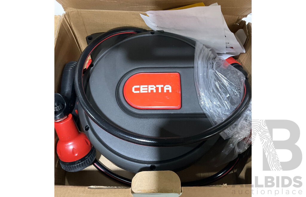 ASSORTED HOMEWARES and OUTDOOR ITEMS Including Certa Retractable Garden Hose Reel and Ovela 8 Piece Stackable Cookware Set  - LOT of 8 - Approximate ORP $350