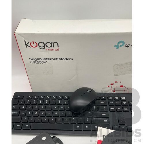 KOGAN 2.4 Wireless Keyboard / KOGAN Dual Wireless Charging Pad / KOGAN Internet Modem / KOGAN Full Motion Wall Mount - Lot of 4 - Total  ORP $211.16