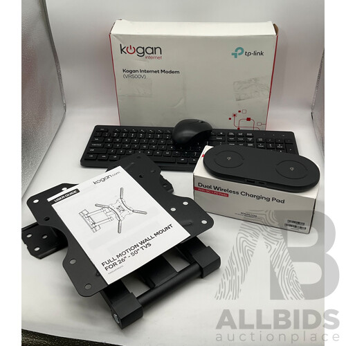 KOGAN 2.4 Wireless Keyboard / KOGAN Dual Wireless Charging Pad / KOGAN Internet Modem / KOGAN Full Motion Wall Mount - Lot of 4 - Total  ORP $211.16