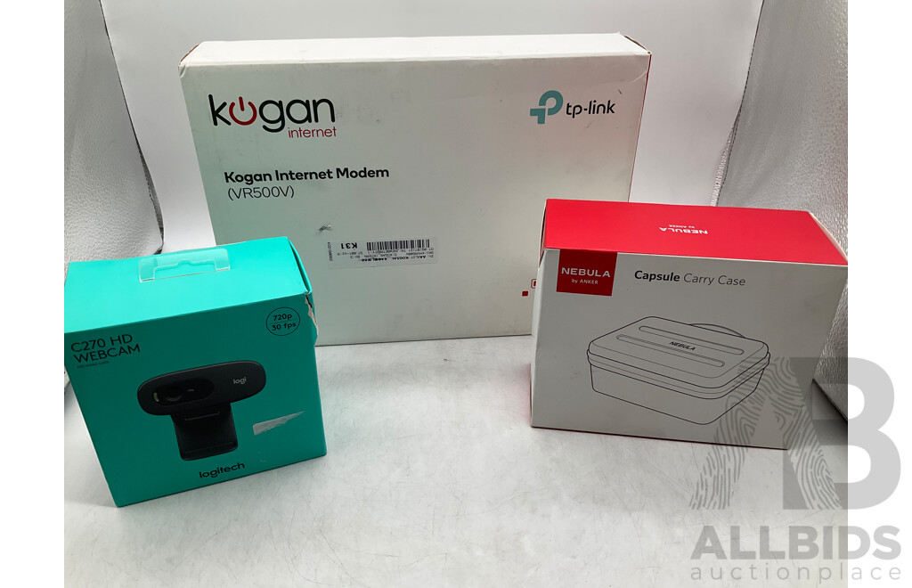 KOGAN (VR500V) Internet Modem, LOGITECH C70 HD Webcam & CAPSULE Carry Case - Lot of 3 - Total ORP $249.99