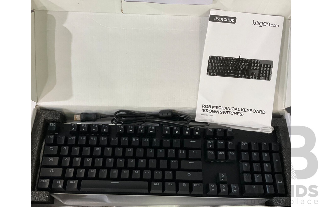 KOGAN RGB Mechanical Keyboard(Brown Switch) (KAMECHLTBRA) & TKL Rainbow RGB Mechanical Keyboard (Blue Switch) & Rapid Cooling Adjustable Laptop Stand - Lot of 9 - Estimated Total ORP $429.00