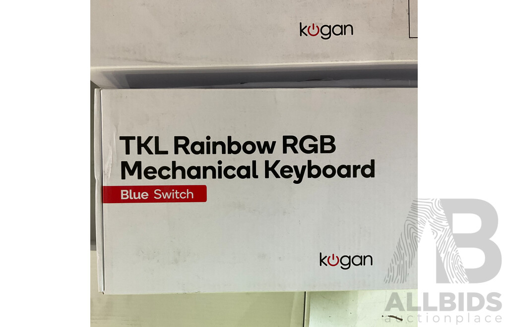 KOGAN RGB Mechanical Keyboard(Brown Switch) (KAMECHLTBRA) & TKL Rainbow RGB Mechanical Keyboard (Blue Switch) & Rapid Cooling Adjustable Laptop Stand - Lot of 9 - Estimated Total ORP $429.00