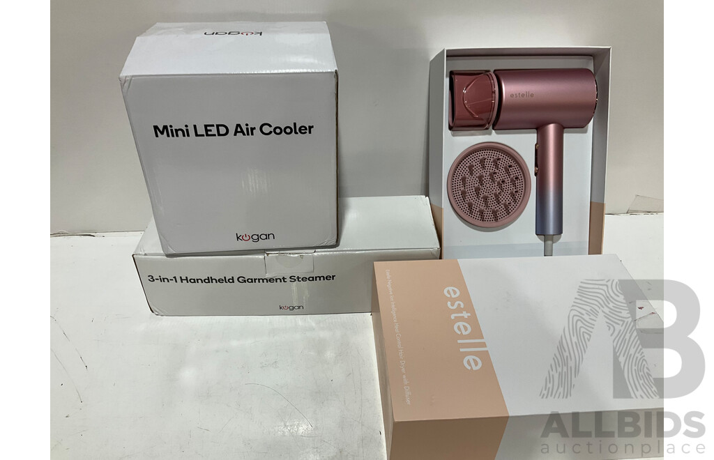 ESTELLE Hair Dryer, KOGAN Mini Led Air Cooler and KOGAN 3 in 1 Handheld Garment Steamer - Lot of 3 - Estimated ORP $299