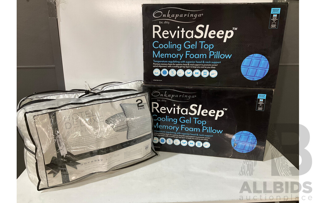 ONKAPARINGA RevitaSleep Cooling Gel Top Memory Foam Pillow X 2 - ODYSSEY LIVING Hotel Deluxe 2 Pack Pillow - Lot of 3 - Estimated Total ORP $299.99