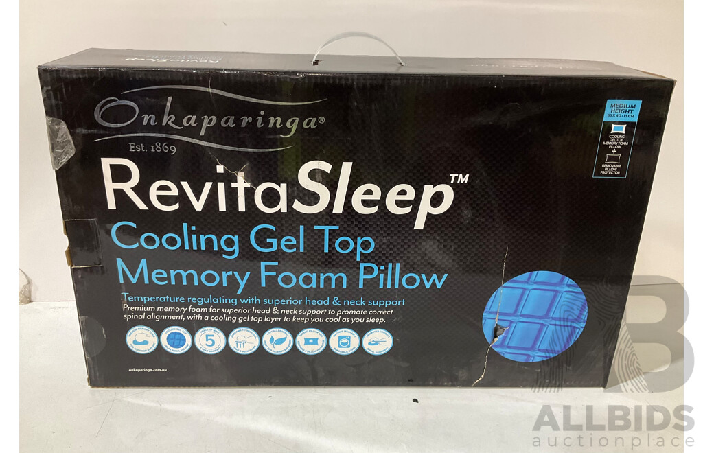 ONKAPARINGA RevitaSleep Cooling Gel Top Memory Foam Pillow X 2 - ODYSSEY LIVING Hotel Deluxe 2 Pack Pillow - Lot of 3 - Estimated Total ORP $299.99