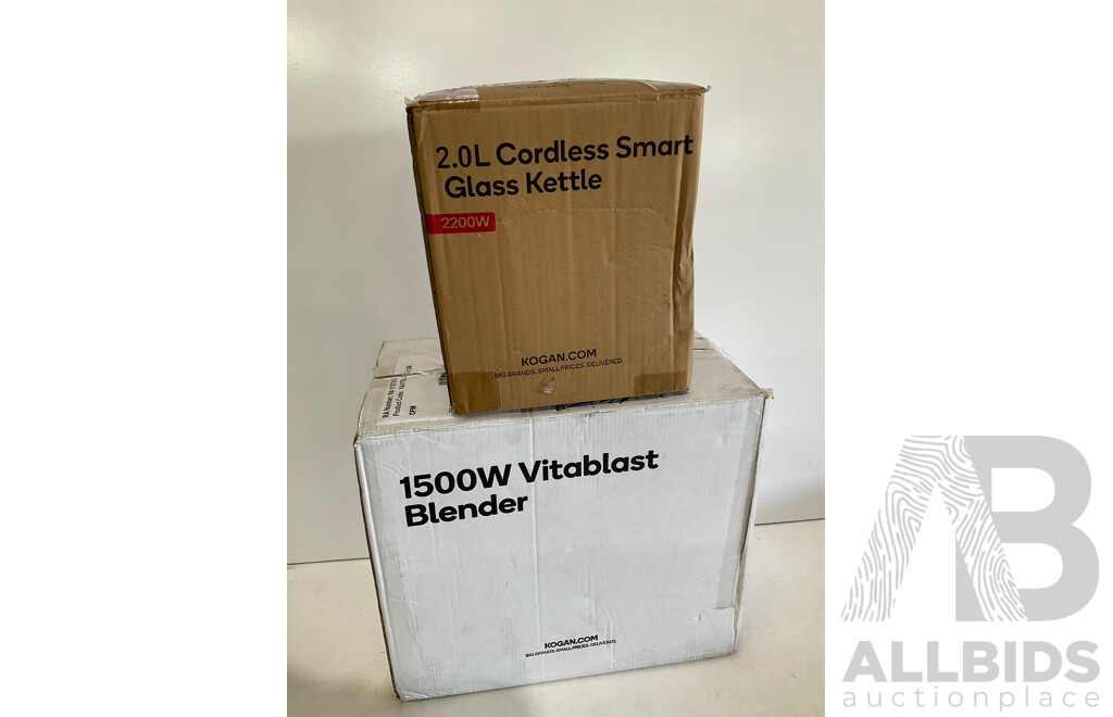 KOGAN 2.0L Cordless Smart Glass Kettle 2200W, KOGAN 1500W Vitablast Blender - Lot of 2 - Estimated ORP $199.99