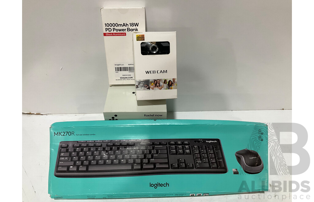 LOGITECH MK270R Wireless Keyboard and Mouse, KOGAN Full HD  1080P Webcam, KOGAN Power Bank and FOXTEL NOW - Lot of 4 - Estimated ORP $199