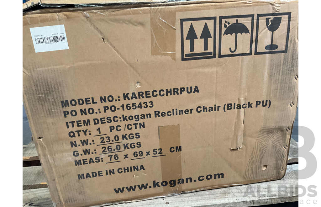 KOGAN Recliner Chair Black PU - Estimated ORP $299.99