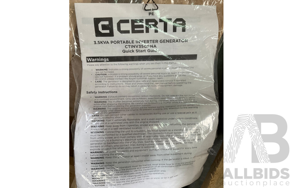 CERTA 3.5KVA Portable Inverter Generator CTINV35GENA - ORP $999.00