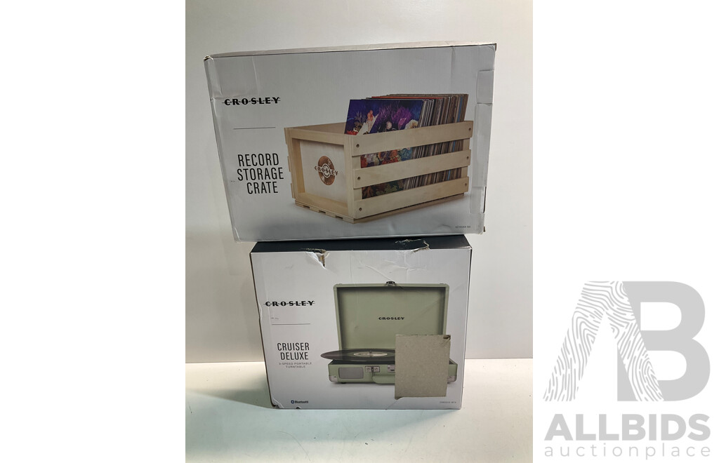 CROSLEY Vinyl Record Player, CROSLEY Record Storage Crate - Lot of 2  - Estimated ORP $199