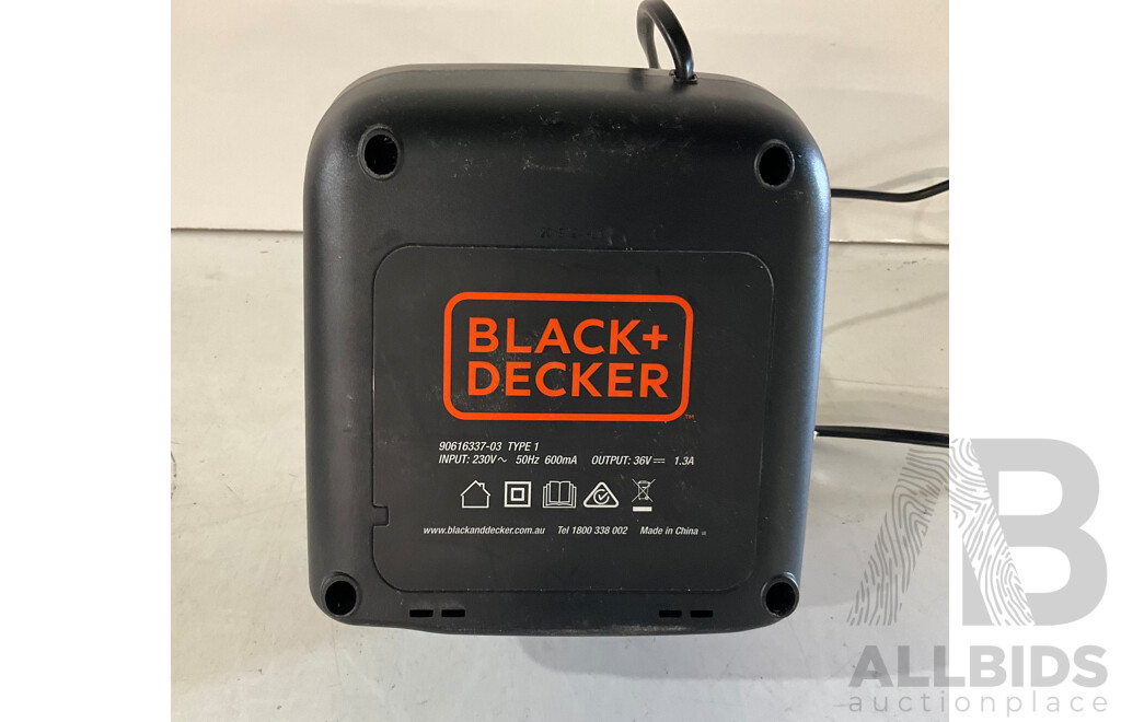 BLACK & DECKER Batery Charger and 36V Battery, Black & Decker Hedge Trimmer - Estimated ORP $299