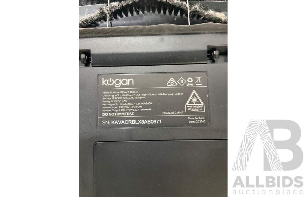 KOGAN SMARTER HOME LX8 ROBOT  VACUUM CLEANER WITH MOPPING FUNCTION (KAVACRBLX8AB0671) - Estimated ORP $299.99