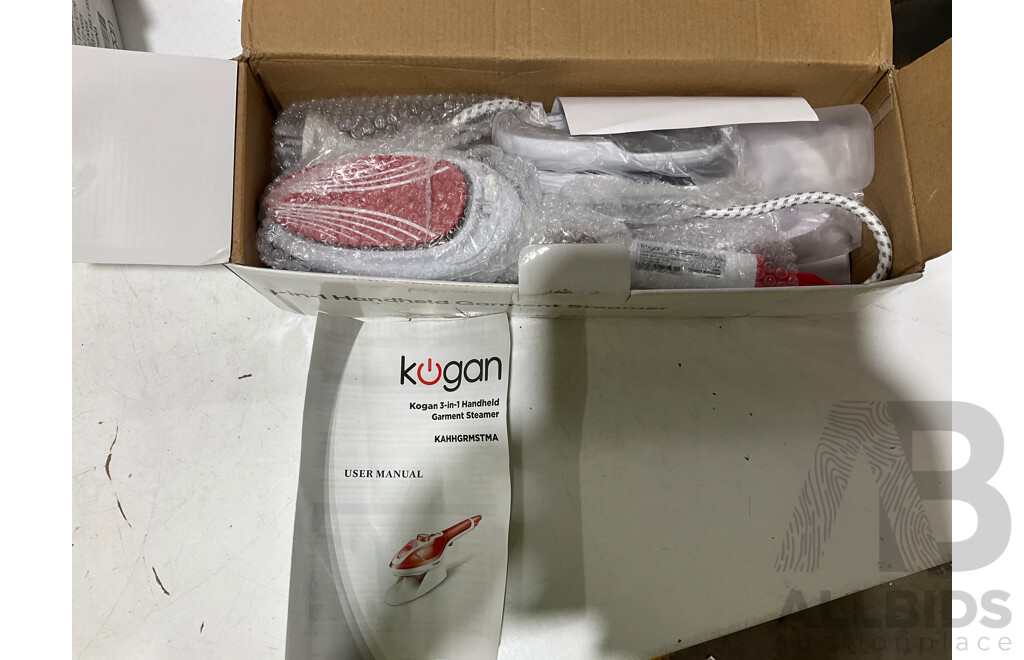 KOGAN 3-in-1 Handheld Garment Steamer - (KAHHGRMSTMA), KOGAN 2-in-1 Corded Stick Vacuum Cleaner - LOT of 2 - ORP $159.99