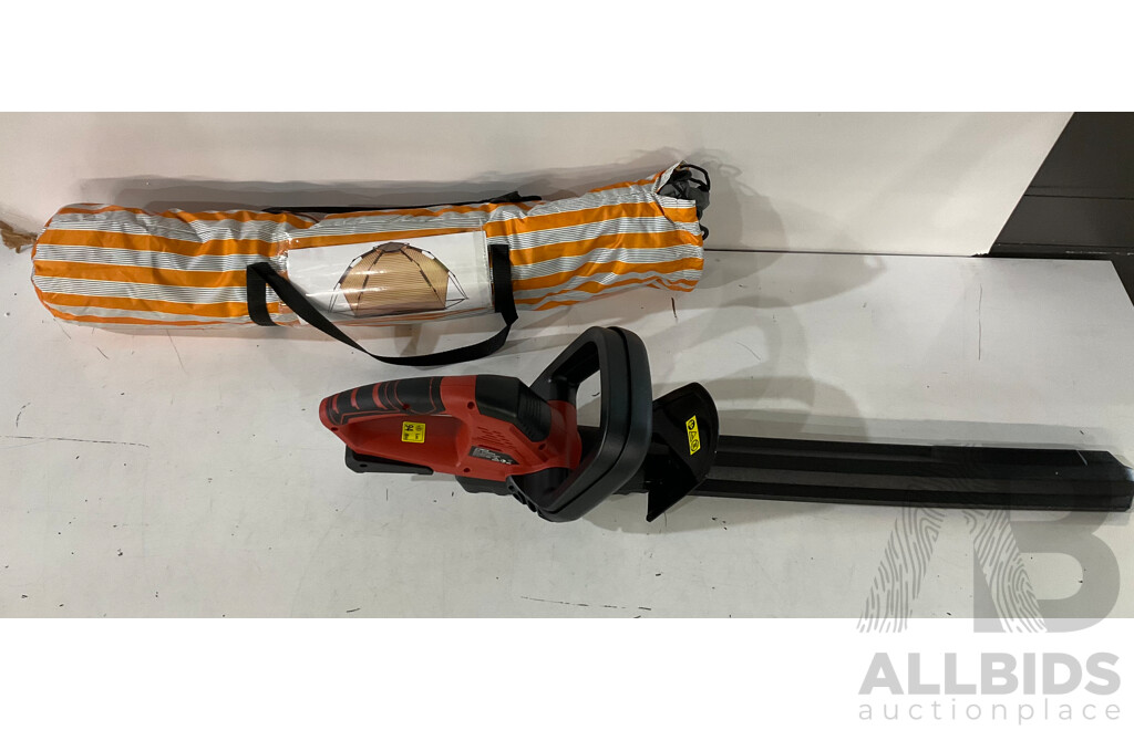 CERTA PowerPlus 20V Cordless Hedge Trimmer (Skin Only) & KOMODO UV50 Beach Sun Shelter - Lot of 2 - Estimated Total ORP $199.00