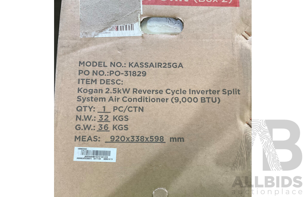 KOGAN 2.5kW 9000BTU Reverse Cycle Inverter Split System Air Conditioner (KASSAIR25GA) - ORP $549.00