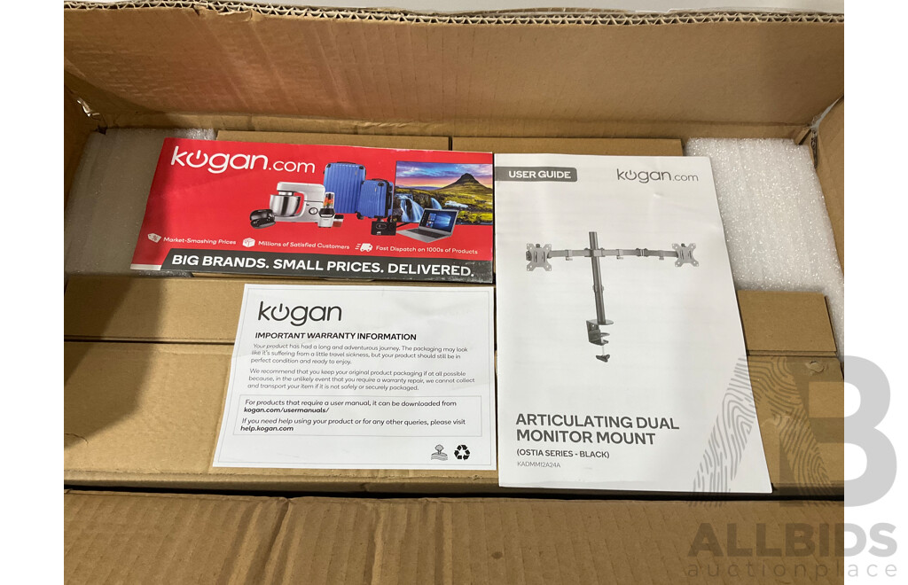 KOGAN Articulating Dual Monitor Mount (Ostia Series - Black), Kogan Full Motion Gas Spring Single Monitor Mount (Ostia Series - Black)- LOT of 2 - ORP $204.98