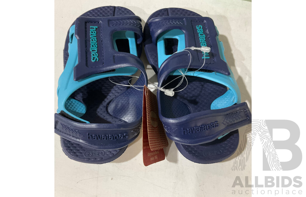 CLANKS Kids School Shoes(8)(8.5)(9) & HAVAIANAS Kids Slippers (25-28) & BIRKENSTOCK Kids Slipers (28) - Lot of 7 - Estimated Total ORP $349.00