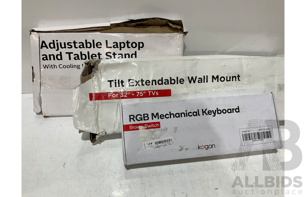 KOGAN LAPTOP  TABLE, EXTENDABLEWALL MOUNT for 32'-75' TV, MECHANICAL KEYBOARD - Lot of 3 - Estimated ORP $299