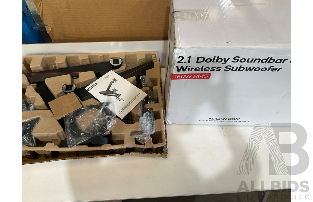 KOGAN 2.1 Dolby Soundbar With Wireless Subwoofer 160W RMS & Full Motion Gaming Monitor Mount - Lot of 2 - Estimated Total ORP $228.00