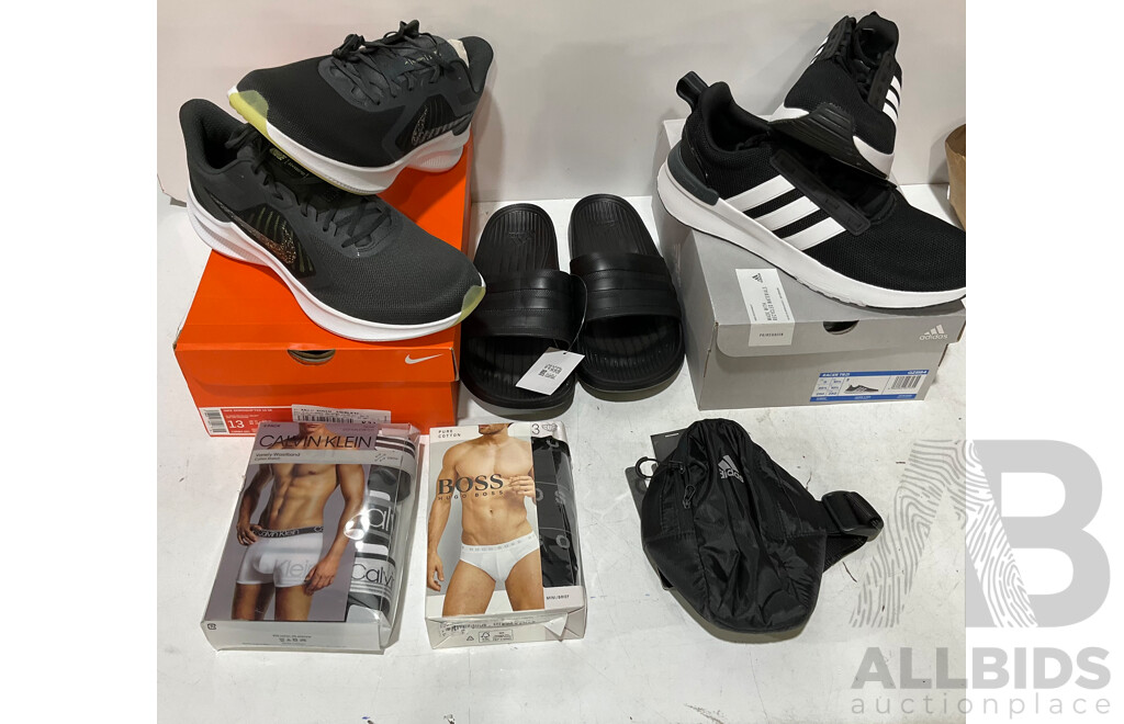 NIKE Shoes US13, ADIDAS US11 X2,  HUGO BOSS Brief Size L, CALVIN KLEIN Trunk Size M, ADIDAS Run Arm Bag - Lot of 6 - Estimated ORP $459