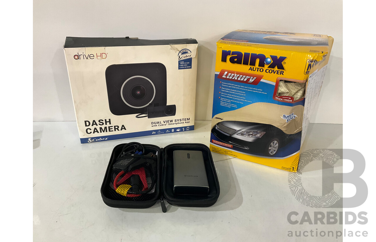 COBRA (CCDC4500AUS) Drive HD Dual View Dash Cam - WINPLUS (AC56388AU-60) 12V Car Jump Starter & Portable Power Bank - RAINX Auto Cover (M) - Lot of 3 - Estimated Total ORP $299.99