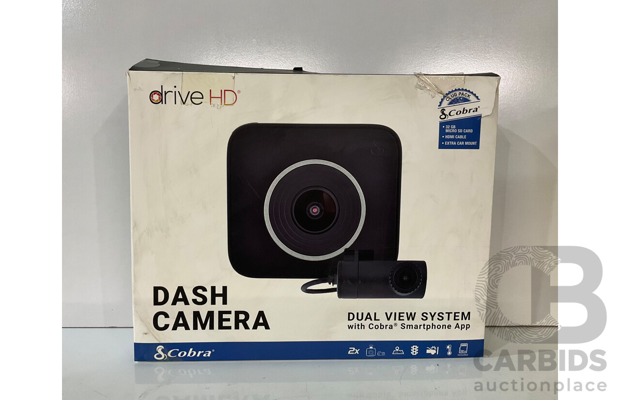 COBRA (CCDC4500AUS) Drive HD Dual View Dash Cam - WINPLUS (AC56388AU-60) 12V Car Jump Starter & Portable Power Bank - RAINX Auto Cover (M) - Lot of 3 - Estimated Total ORP $299.99