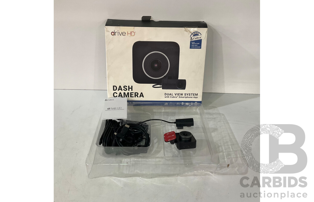 COBRA (CCDC4500AUS) Drive HD Dual View Dash Cam - WINPLUS (AC56388AU-60) 12V Car Jump Starter & Portable Power Bank - RAINX Auto Cover (M) - Lot of 3 - Estimated Total ORP $299.99