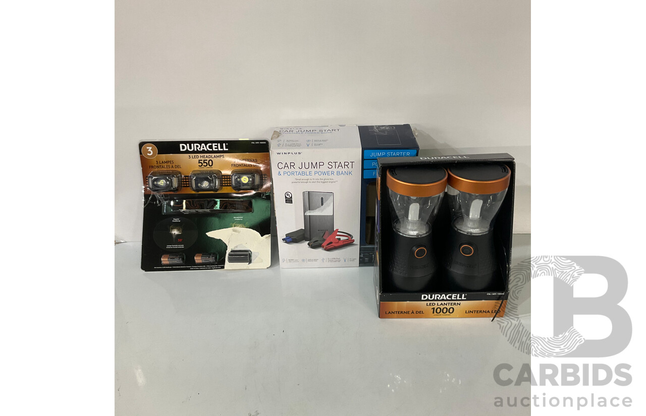 WINPLUS (AC56388AU-60) Car Jump Start, DURACELL (1356899) 2 Pack Led Lantern, DURACELL (1600263) 3 Pack Head Lamps - LOT of 3 - ESTIMATED ORP $195