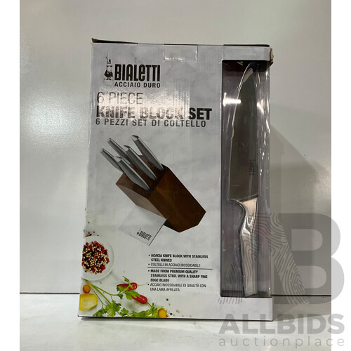 BIALETTI Acciaio Duro 6 Piece Knife Block Set - TRAMONTINA 15.1 Litre Stock Pot & Lid - NEOFLAM - Mystique Ceramic Stovetop Cookware - Lot of 3 - Estimated ORP $299.00