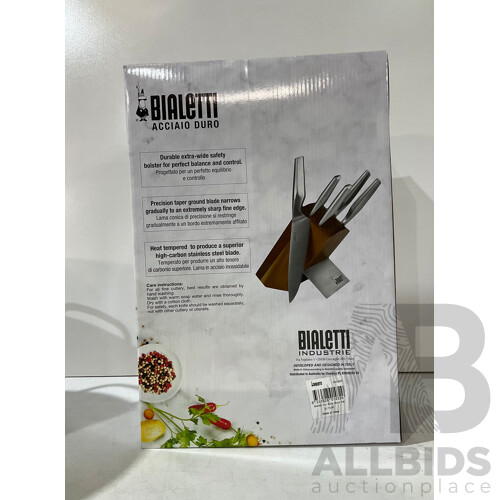 BIALETTI Acciaio Duro 6 Piece Knife Block Set - TRAMONTINA 15.1 Litre Stock Pot & Lid - NEOFLAM - Mystique Ceramic Stovetop Cookware - Lot of 3 - Estimated ORP $299.00