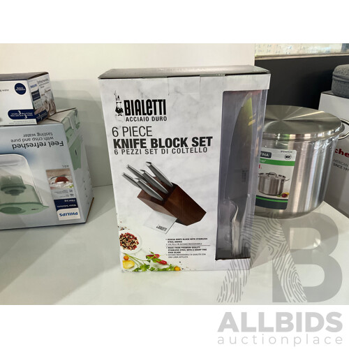 BIALETTI Acciaio Duro 6 Piece Knife Block Set, Tramontina ProLine Stock Pot 15L With Lid, DUALIT PATENTED PEEK & POP DOMUS 4 SLOT TOASTER & PHILIPS WATER SOLUTIONS, 4L FILTER JUG - Total ORP $378.93