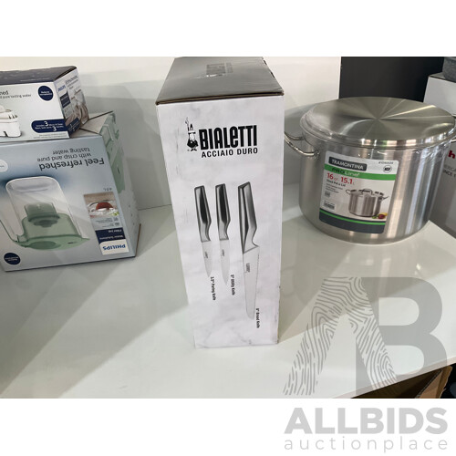 BIALETTI Acciaio Duro 6 Piece Knife Block Set, Tramontina ProLine Stock Pot 15L With Lid, DUALIT PATENTED PEEK & POP DOMUS 4 SLOT TOASTER & PHILIPS WATER SOLUTIONS, 4L FILTER JUG - Total ORP $378.93