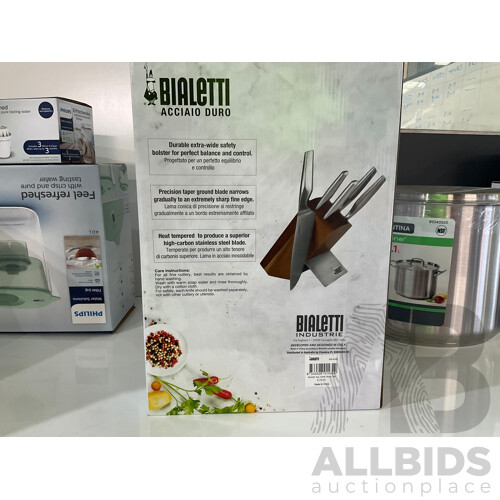 BIALETTI Acciaio Duro 6 Piece Knife Block Set, Tramontina ProLine Stock Pot 15L With Lid, DUALIT PATENTED PEEK & POP DOMUS 4 SLOT TOASTER & PHILIPS WATER SOLUTIONS, 4L FILTER JUG - Total ORP $378.93