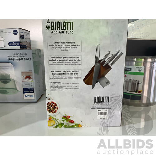 BIALETTI Acciaio Duro 6 Piece Knife Block Set, Tramontina ProLine Stock Pot 15L With Lid, DUALIT PATENTED PEEK & POP DOMUS 4 SLOT TOASTER & PHILIPS WATER SOLUTIONS, 4L FILTER JUG - Total ORP $378.93