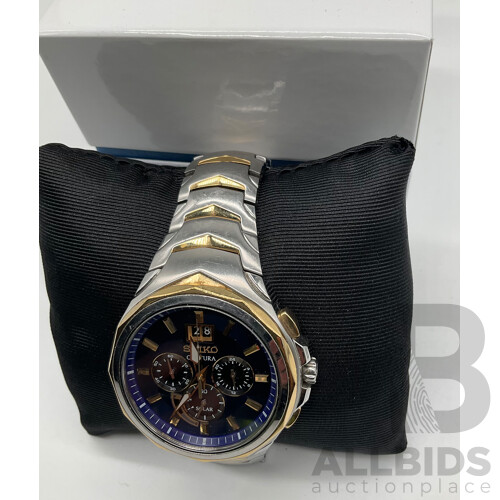 Seiko V194 Coutura Perpetual Solar 46mm Blue Dial Watch Orp 725.00
