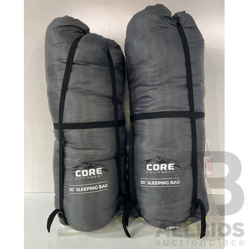 CORE EQUIPMENT 30 Degree Hybrid Sleeping Bag X 2 - HIDDEN WILD (HWCC-XL-CL) Portable Folding Cot - KIRKLAND Carry Bag - Lot of 4 - Estimated ORP $200.00