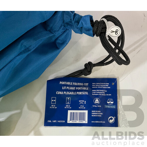 CORE EQUIPMENT 30 Degree Hybrid Sleeping Bag X 2 - HIDDEN WILD (HWCC-XL-CL) Portable Folding Cot - KIRKLAND Carry Bag - Lot of 4 - Estimated ORP $200.00