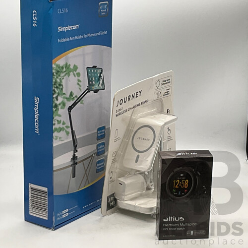 ALTIUS (AL-SW1315HN-BLK) Smart Watch - JOURNEY (JMS31SWH) 3-in-1 Charging Stand - SIMPLECON (CL516) Clip on Phone Tablet Holder - Lot of 3 - Total ORP $316.97