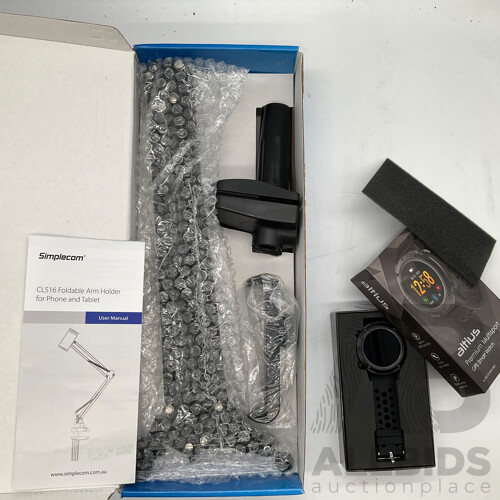 ALTIUS (AL-SW1315HN-BLK) Smart Watch - JOURNEY (JMS31SWH) 3-in-1 Charging Stand - SIMPLECON (CL516) Clip on Phone Tablet Holder - Lot of 3 - Total ORP $316.97
