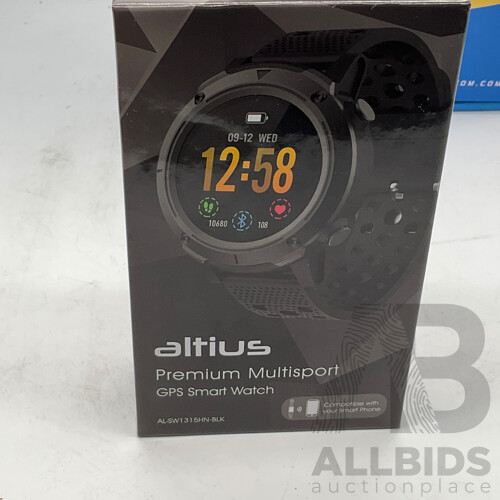 ALTIUS (AL-SW1315HN-BLK) Smart Watch - JOURNEY (JMS31SWH) 3-in-1 Charging Stand - SIMPLECON (CL516) Clip on Phone Tablet Holder - Lot of 3 - Total ORP $316.97