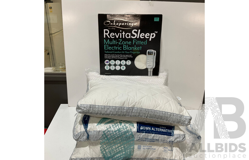 ONKAPARINGA (48391) Fitted Queen Multizone Electric Blanket - TOMMY BAHAMA Down Alternative Pillows X3 - ONKAPARINGA Memory Foam Pillow - Lot of 5 - Estimated ORP $200