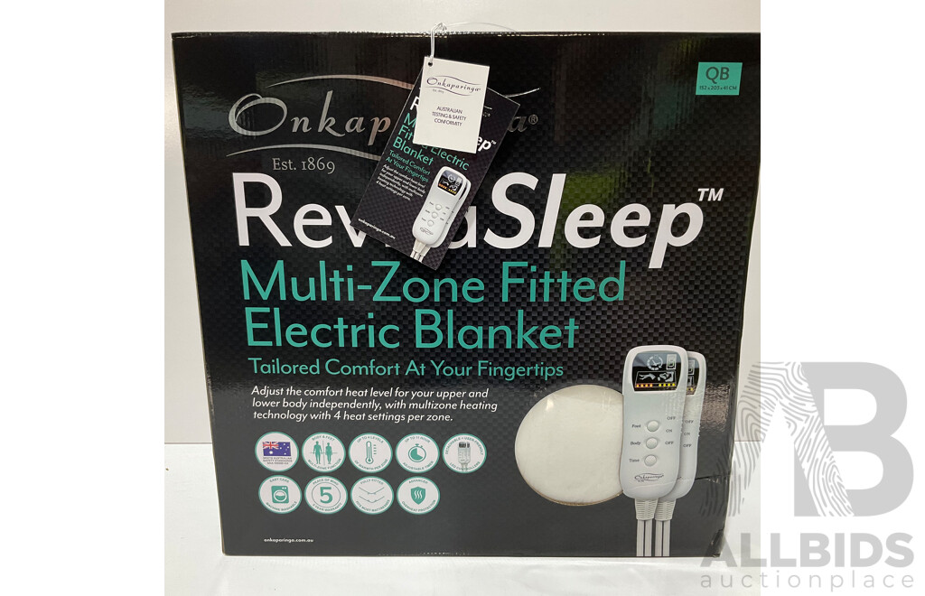 ONKAPARINGA (48391) Fitted Queen Multizone Electric Blanket - TOMMY BAHAMA Down Alternative Pillows X3 - ONKAPARINGA Memory Foam Pillow - Lot of 5 - Estimated ORP $200